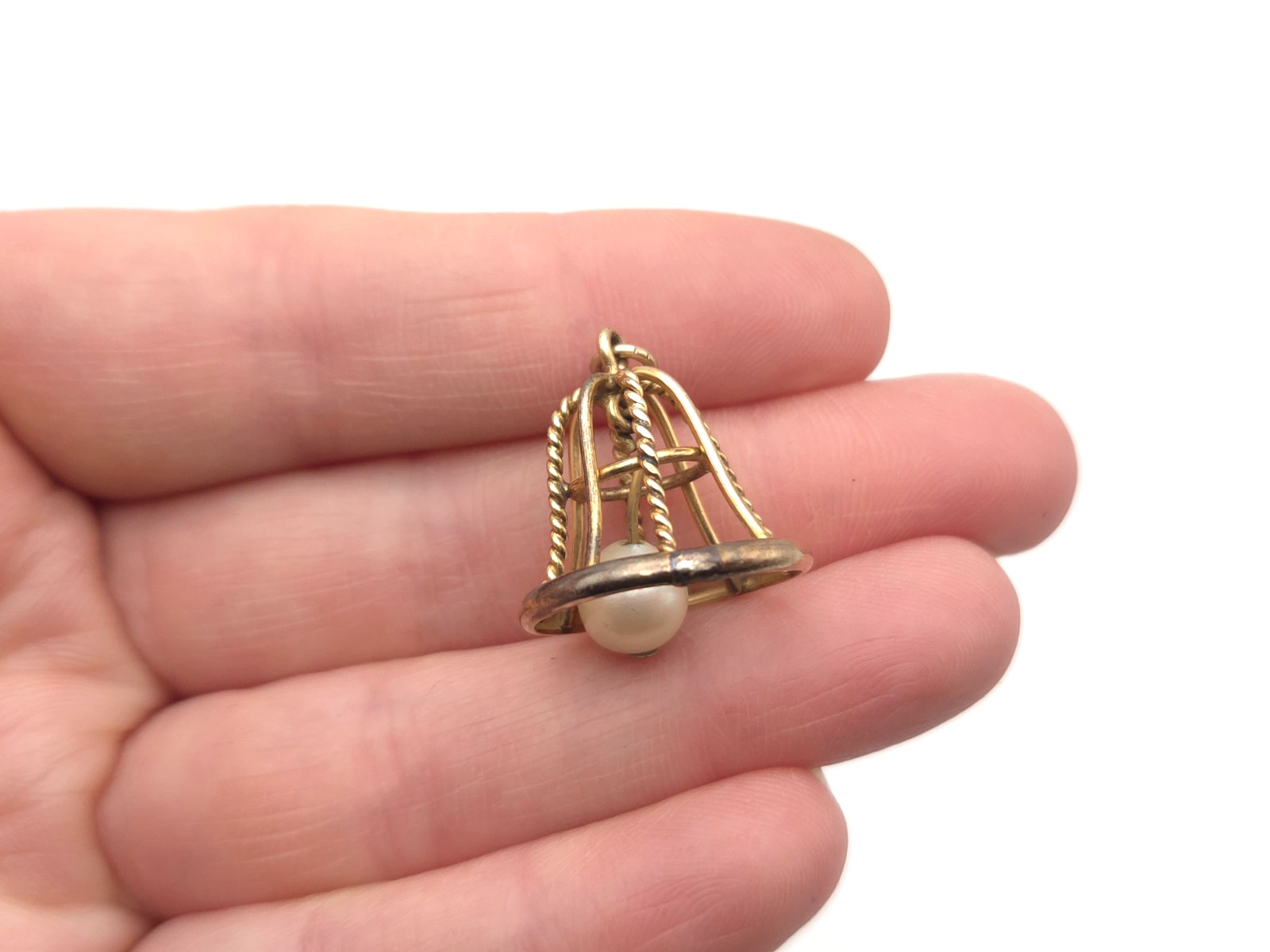 Vintage 14k Solid Gold & Pearl Movable Openwork Bell Pendant or Charm 2.4grams