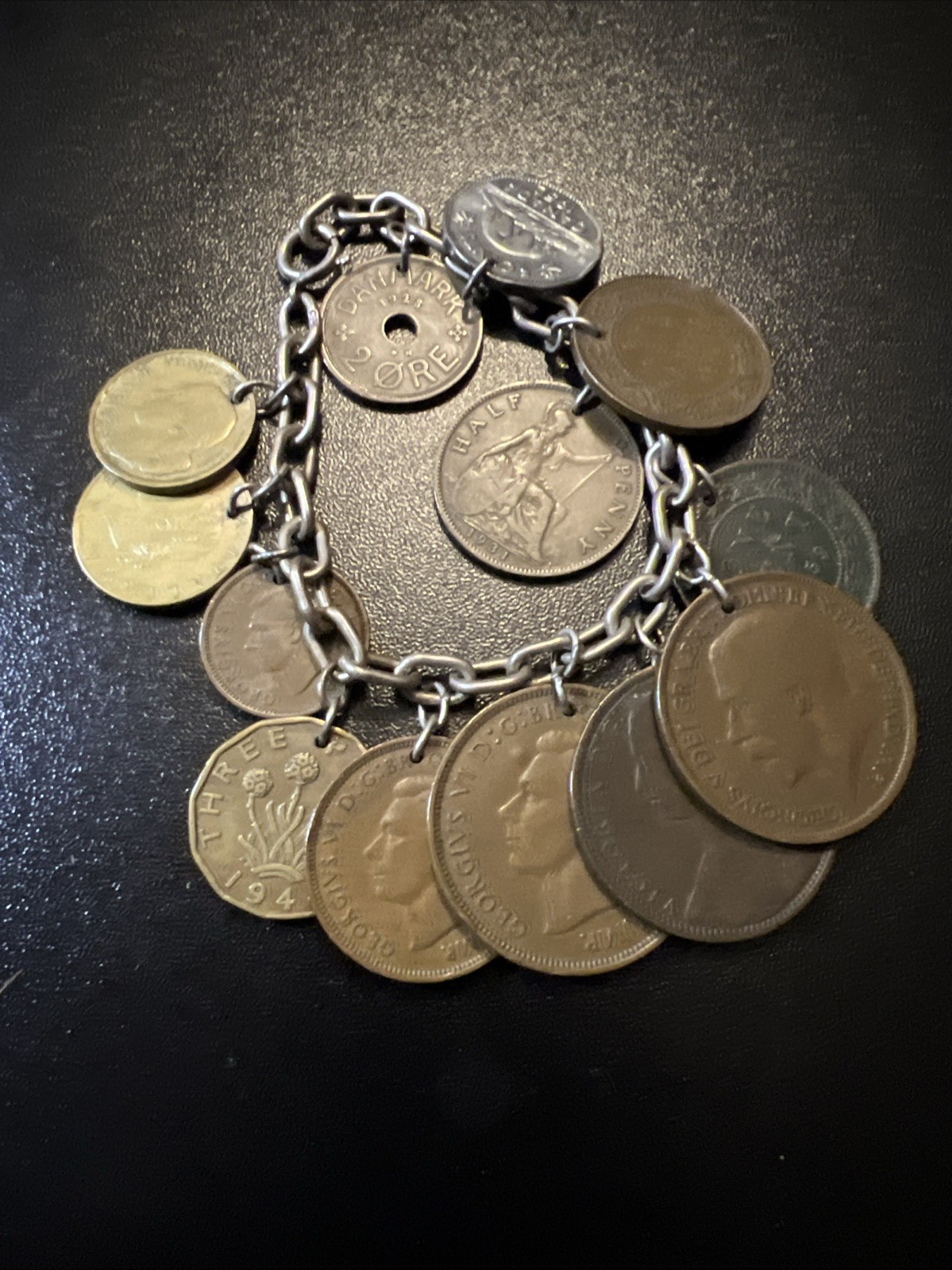 Vintage 835 Continental Silver Coin Charm Bracelet Travel World Coins European