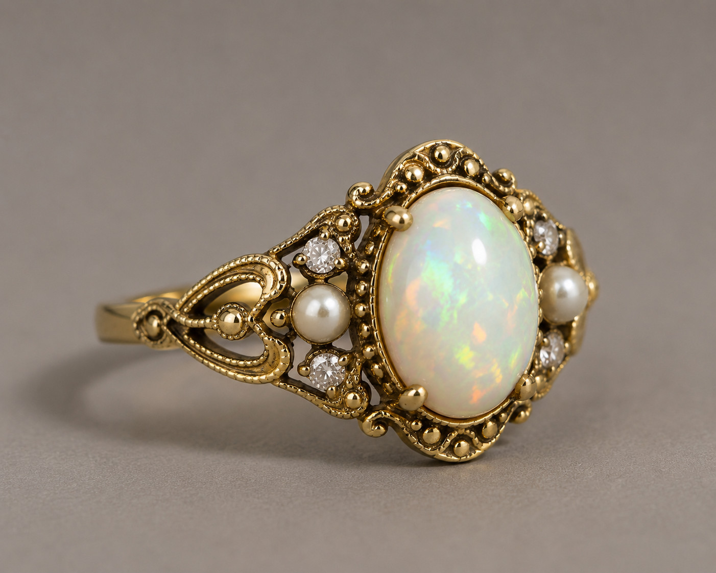 Vintage Natural Opal Ring Oval Moissanite Pearl Statement Ring