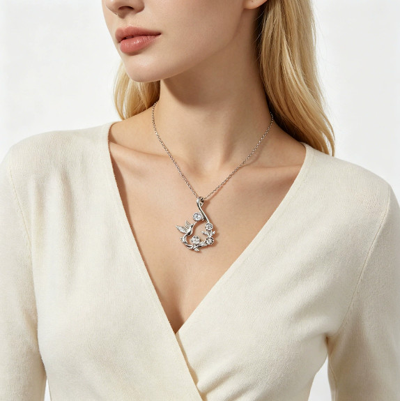 Hummingbird Floral Pendant Necklace Inlaid Zircon Silver Cable Chain for Women