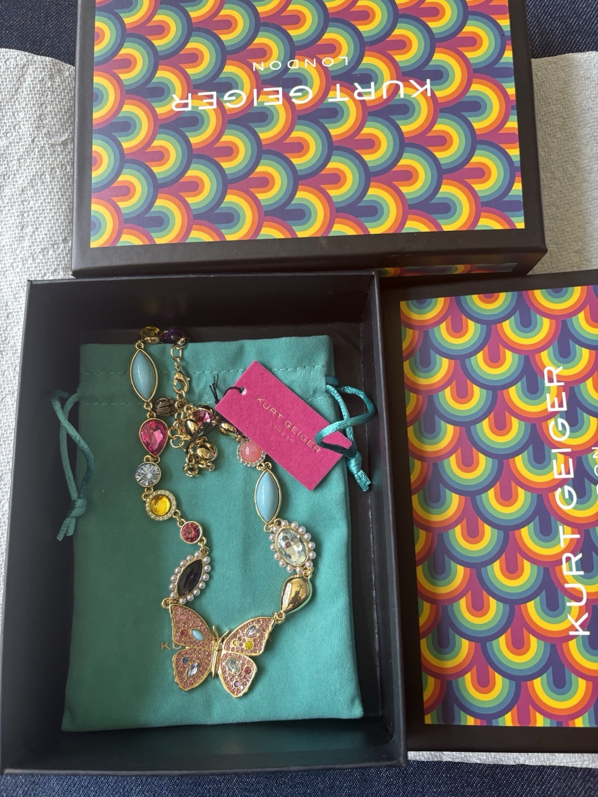 Kurt Geiger LondonButterfly Gemstone Collar Necklace Multi 16″ L +2″ GIF Box New