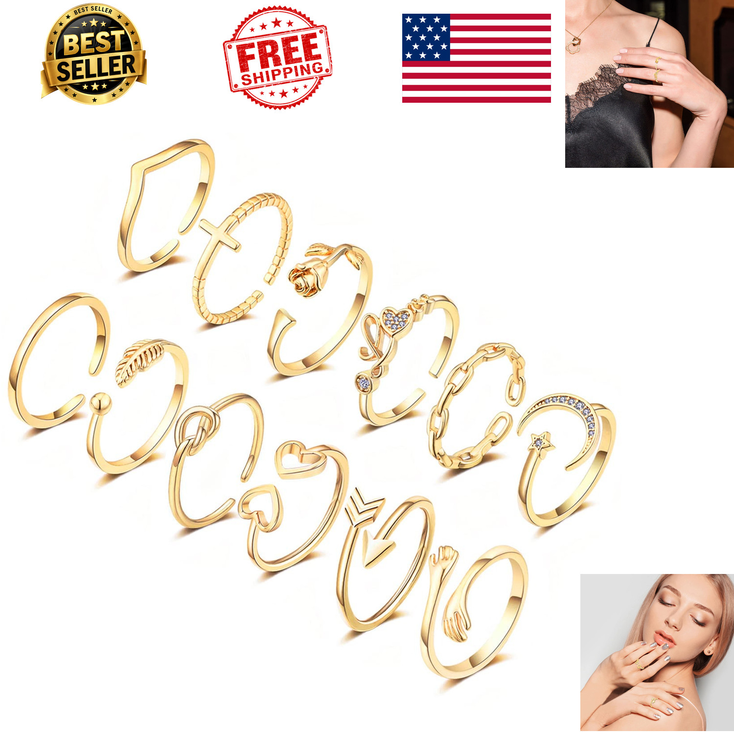 KOHOTA 12pcs Gold Silver Stackable Adjustable Hypoallergenic Bands for Women