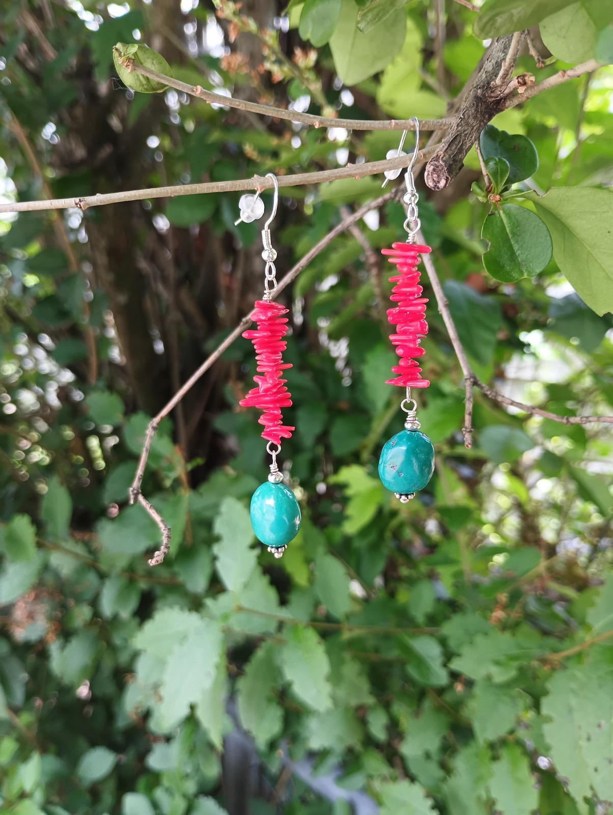 Turquoise & Coral Silver Earrings Handcrafted
