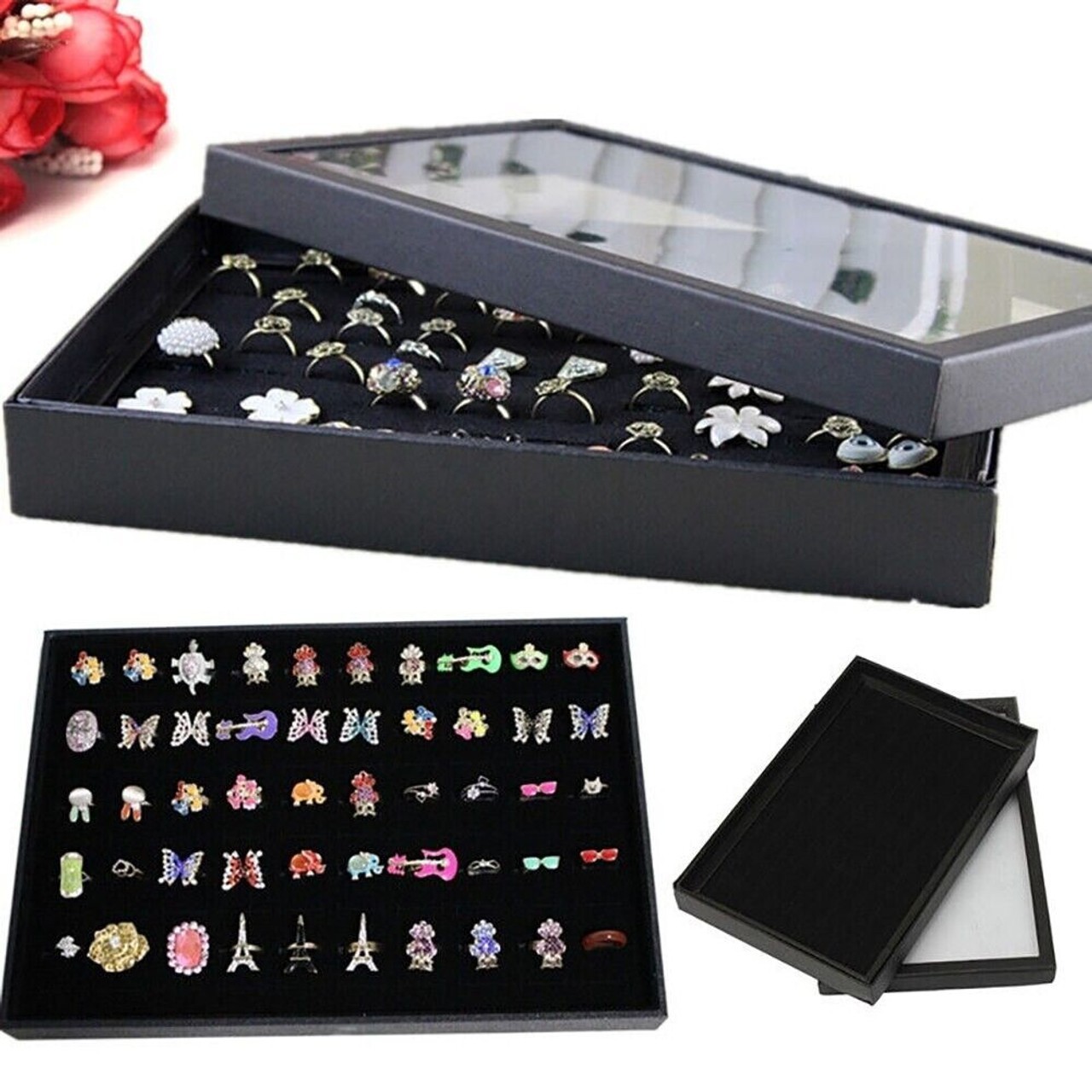 Jewelry Ring Display Organizer 100-Slots Tray Holder Earrings Black Box Case