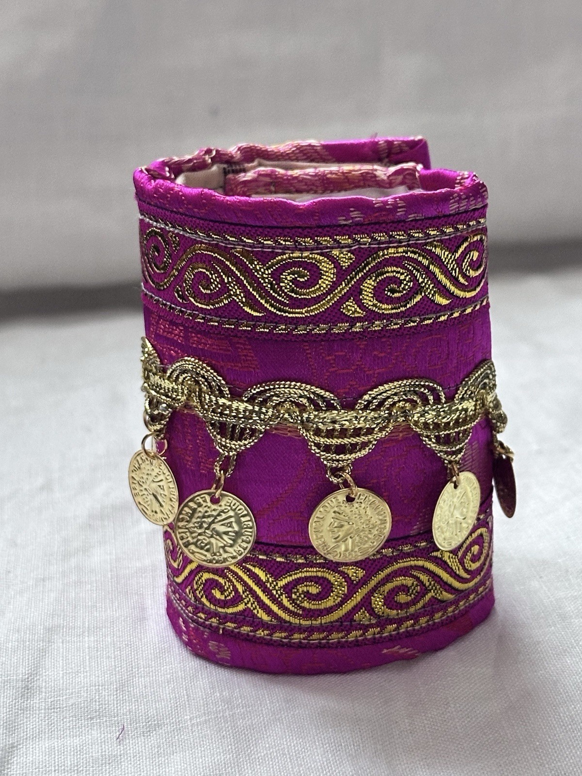 Artisan Fuchsia and Gold Coin Cuff Bracelet Adjustable Wrist Jewelry Art Signed