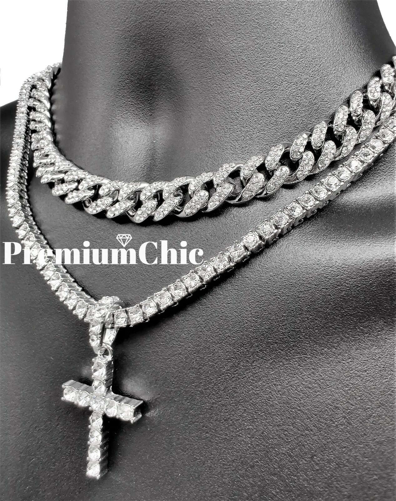 3pc SET Miami Cuban Choker Necklace Cross Pendant Tennis Chain Plated CZ Jewelry