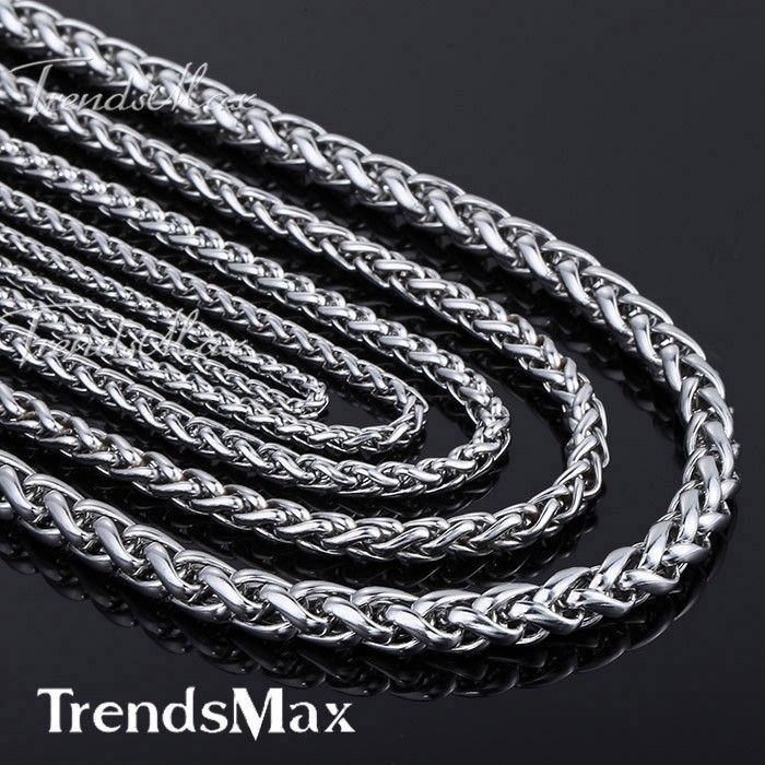3/4/5/6/8/10mm Boys Men’s Chain Stainless Steel Wheat Link Silver Tone Necklace