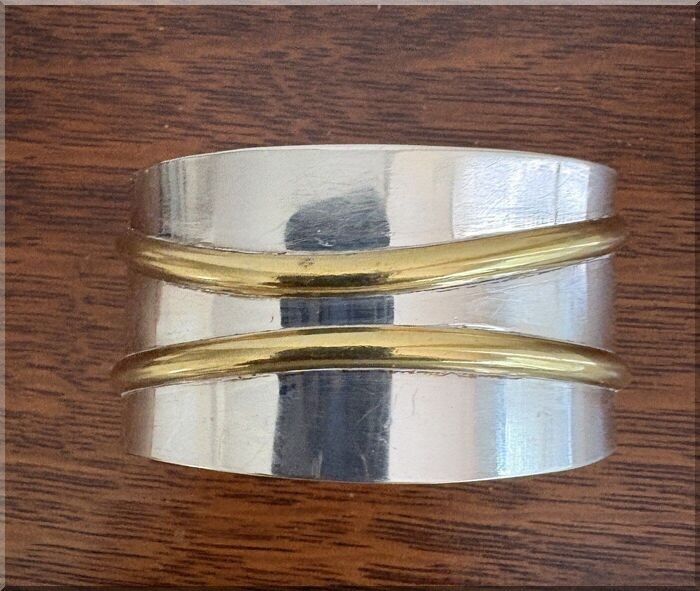 Vtg. Taxco Mexico Modernist Sterling Silver & Brass Cuff Bracelet (TJ-37), 46.6g
