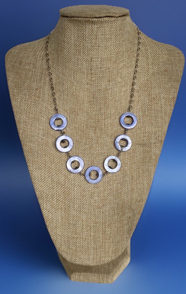 Periwinkle Blue Mother of Pearl Disc and Sterling Silver 925 Necklace 19″L