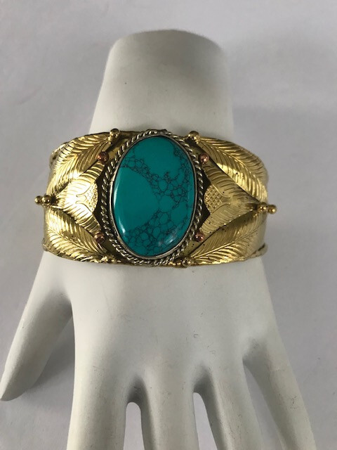 Blue Turquoise Cuff Bracelet 2-Tone Metal Leaf Pattern Cuff Stunning Piece