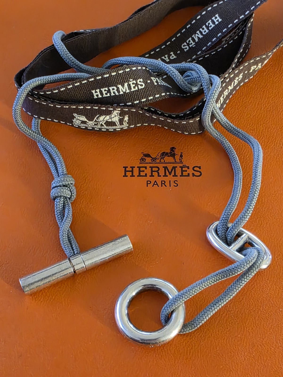 Hermes Paris Skipper Choker Bracelet Grey Cord Sterling Silver 925 36 cm.