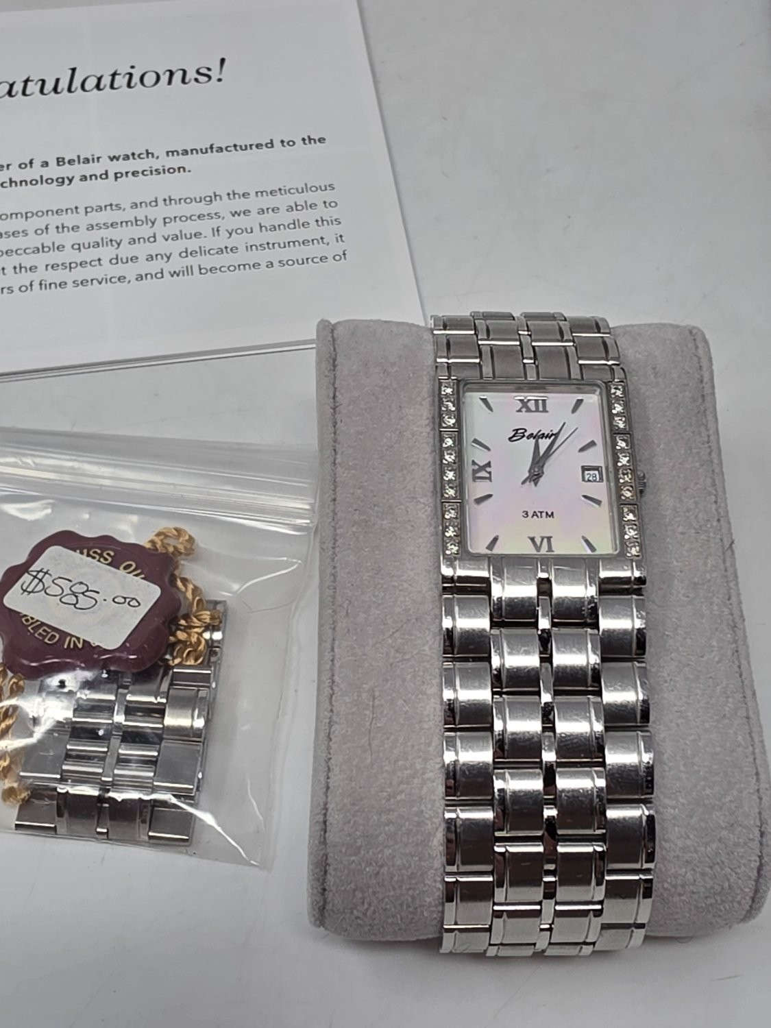 Belair 5785 Tank Watch Mother of Pearl Diamond Dial Stainless Steel CIB Complete