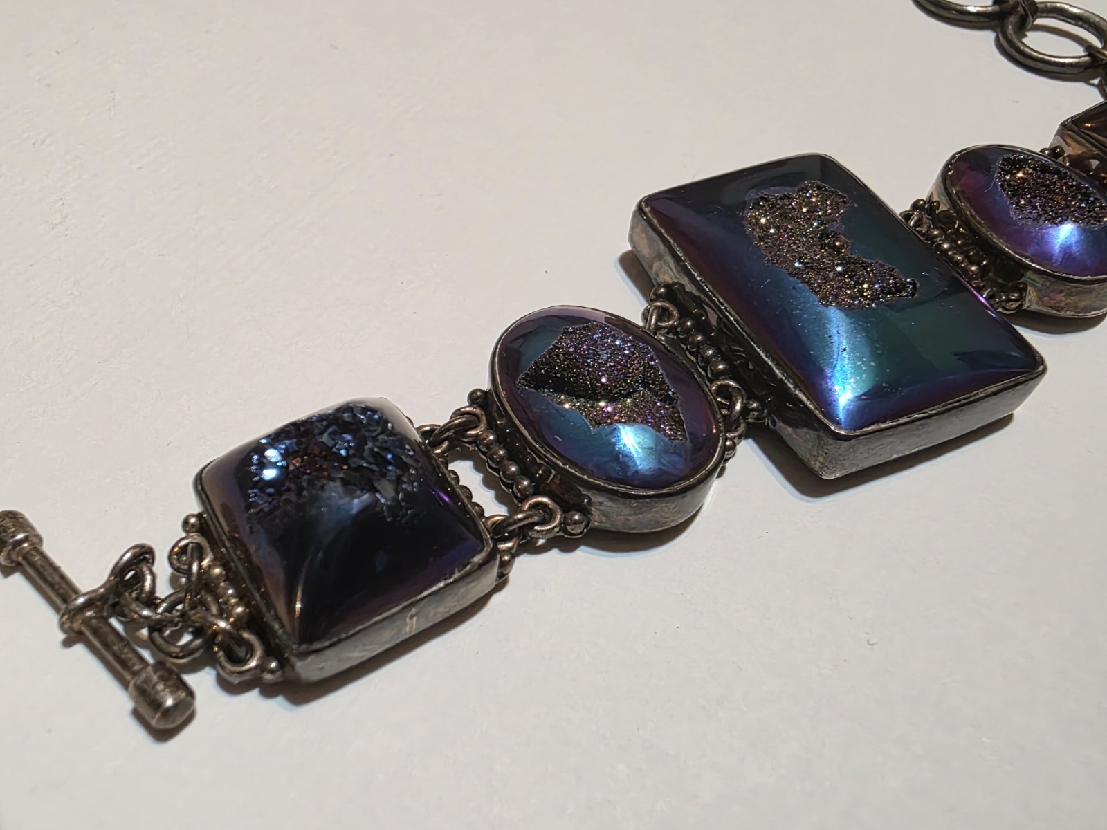 Signed SAJEN 925 Sterling Silver Chalcedony Amethyst Druzy Quartz Bracelet 45g