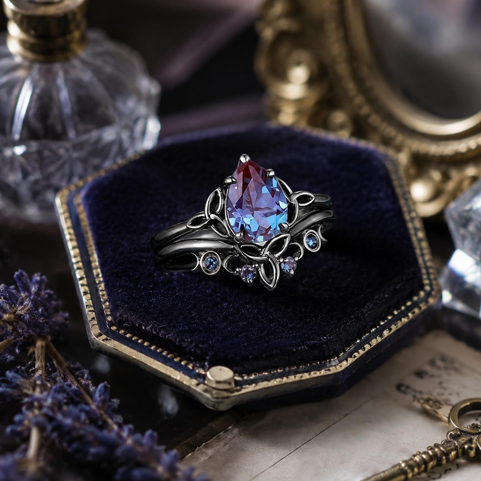 2 Pcs Vintage Rings for Women Goth Black Plated Matching Rings Set Colorful C…
