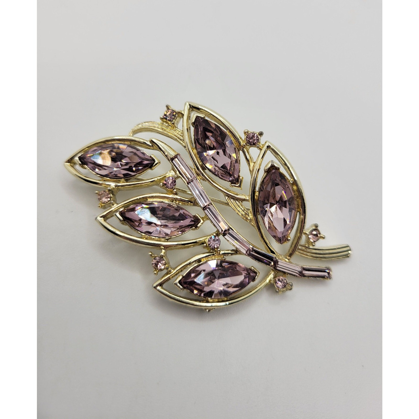 Vintage Kramer Rhinestone Leaf Brooch Amethyst Purple Baguette Marquise Signed