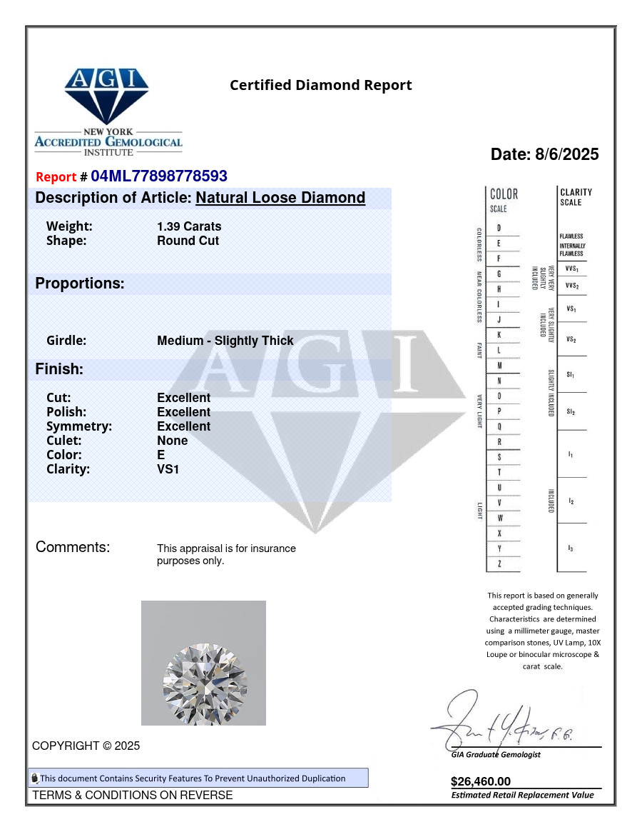 1.39 CT Certificate AGI Round Natural Mined Diamond Loose E color VS1 clarity