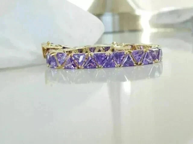 6CT Trillion Lab Created Amethyst Women’s Tennis Bracelet 14K Yellow Gold Finish
