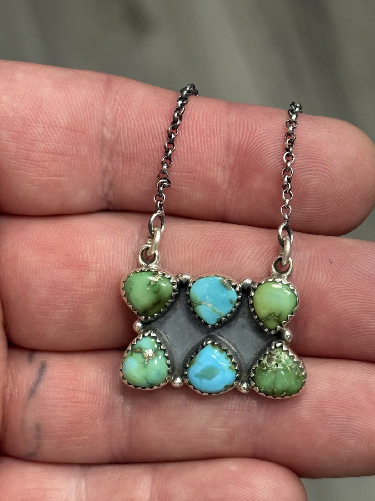 STERLING SILVER SONORAN GOLD TURQUOISE 2 ROW 6 STONE CLUSTER BAR NECKLACE .925