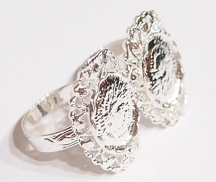 6 of 18x13mm Shiny Silver Victorian Deco Woven Flowers Adjustable Ring Settings