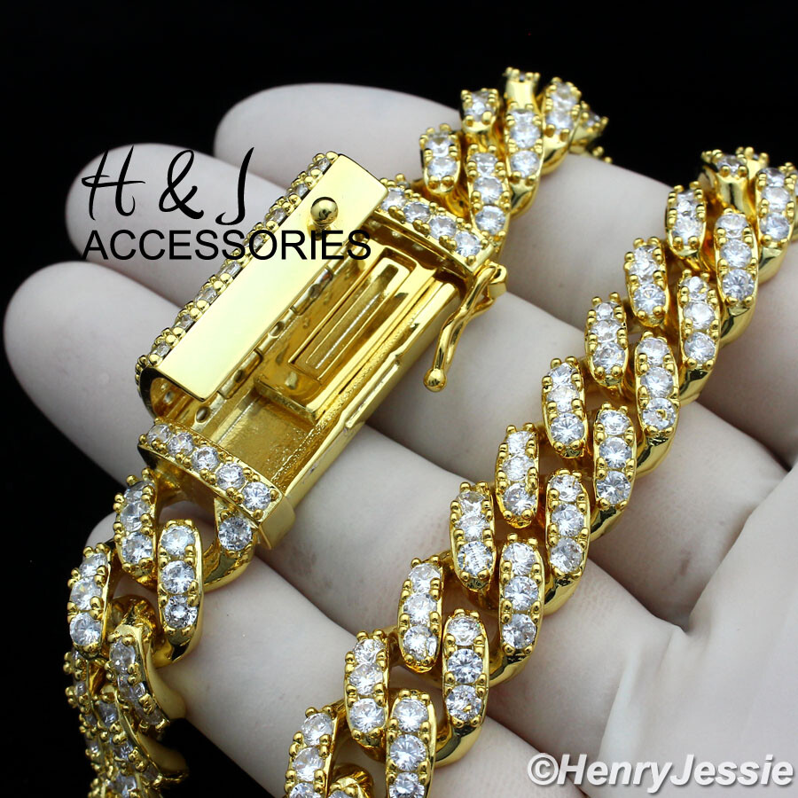 MEN 14K GOLD PLATED 18″-24″X12MM GOLD CZ PRONG SET CURB CHAIN NECKLACE*ABGN5