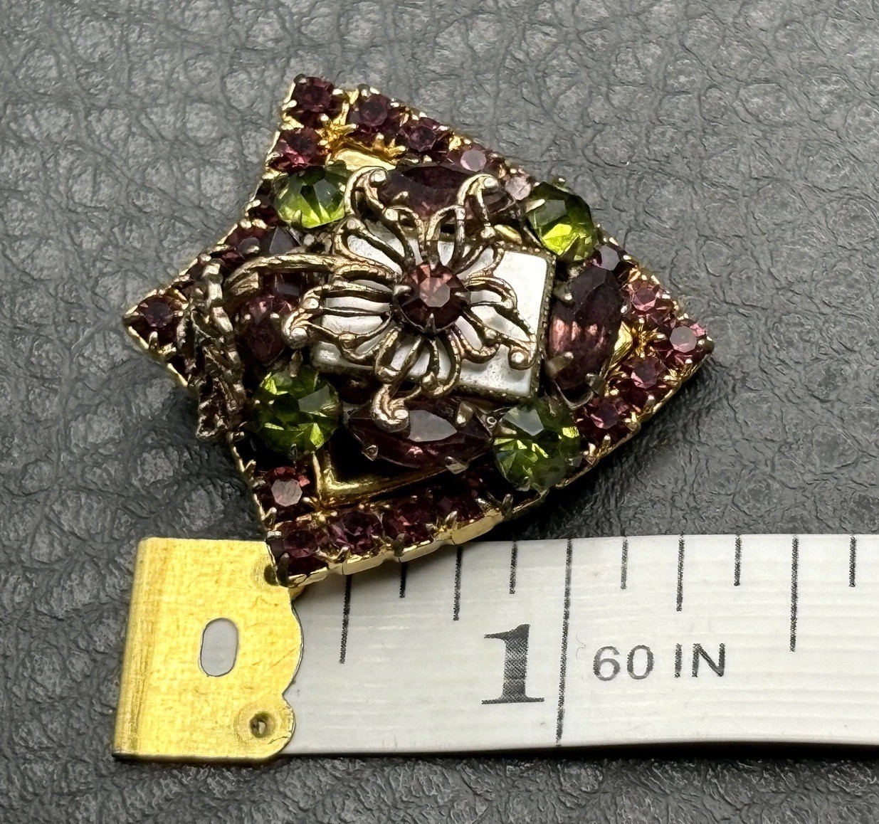 VTG Gold Tone Brooch Purple Faux Amethyst Faux Peridot Rhinestone Crystal Pin