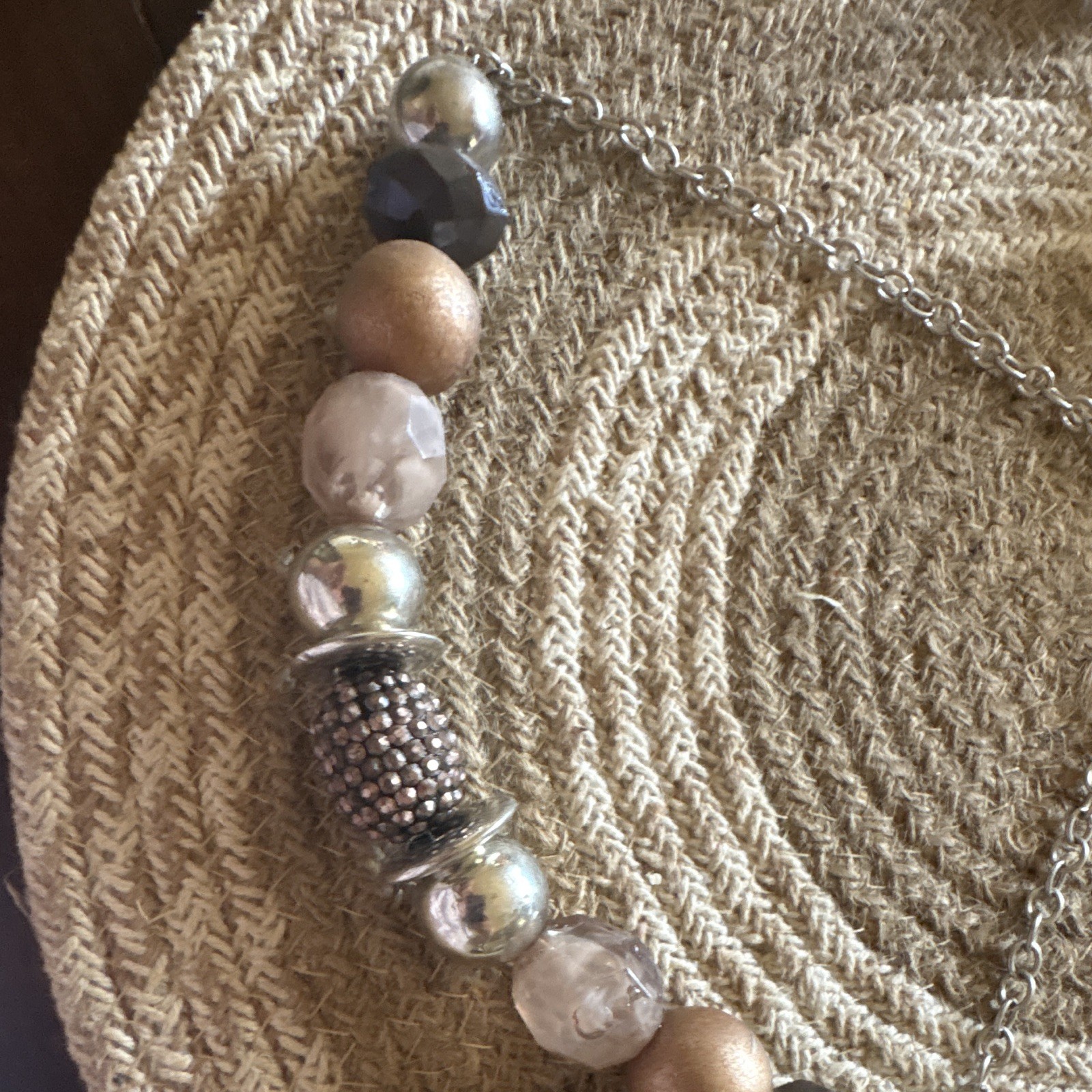Silver Tone Cable Chain Beaded Necklace, Beige Black Clear Beads, No Stone