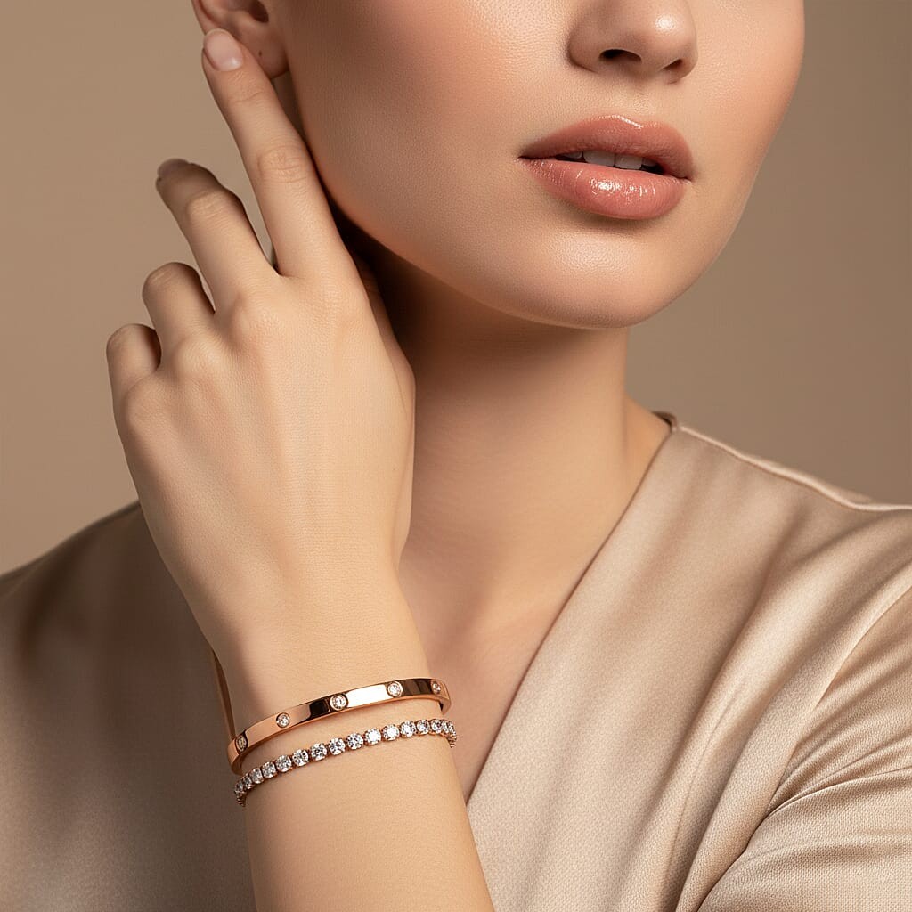 Cubic Zirconia 7.25In Bracelet 7.50In in ION Plated Rose Gold Stainless Steel