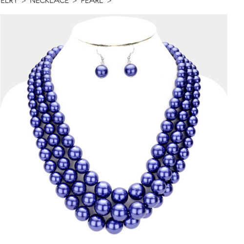 Navy Shiny ROYAL Dark BLUE Pearl Long Bib Multi Layered Strand Bead Necklace Set