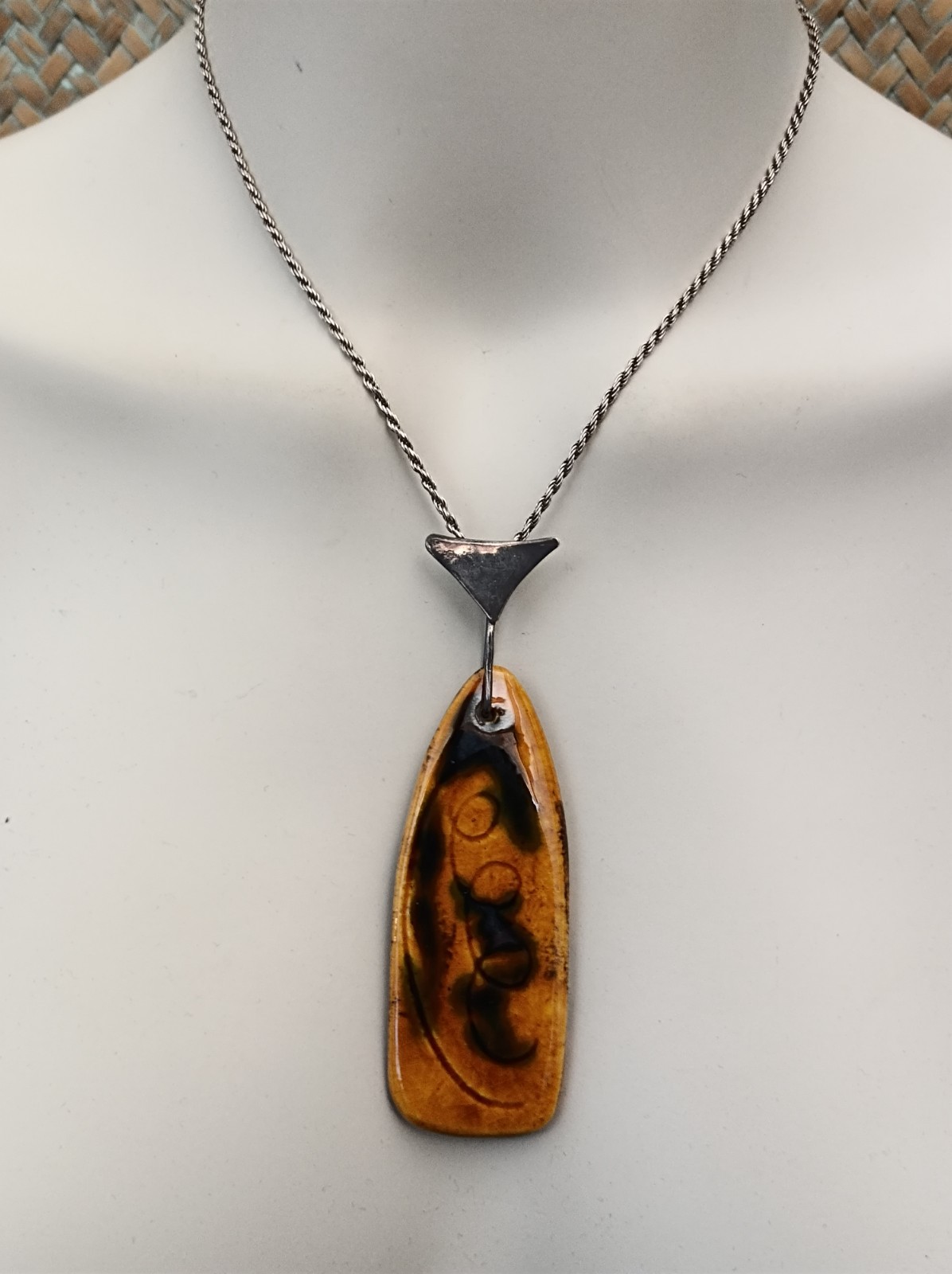 VTG Silver Modernist Israeli Enamel Necklace Abstract 60s 7Os Mustard Yellow 925
