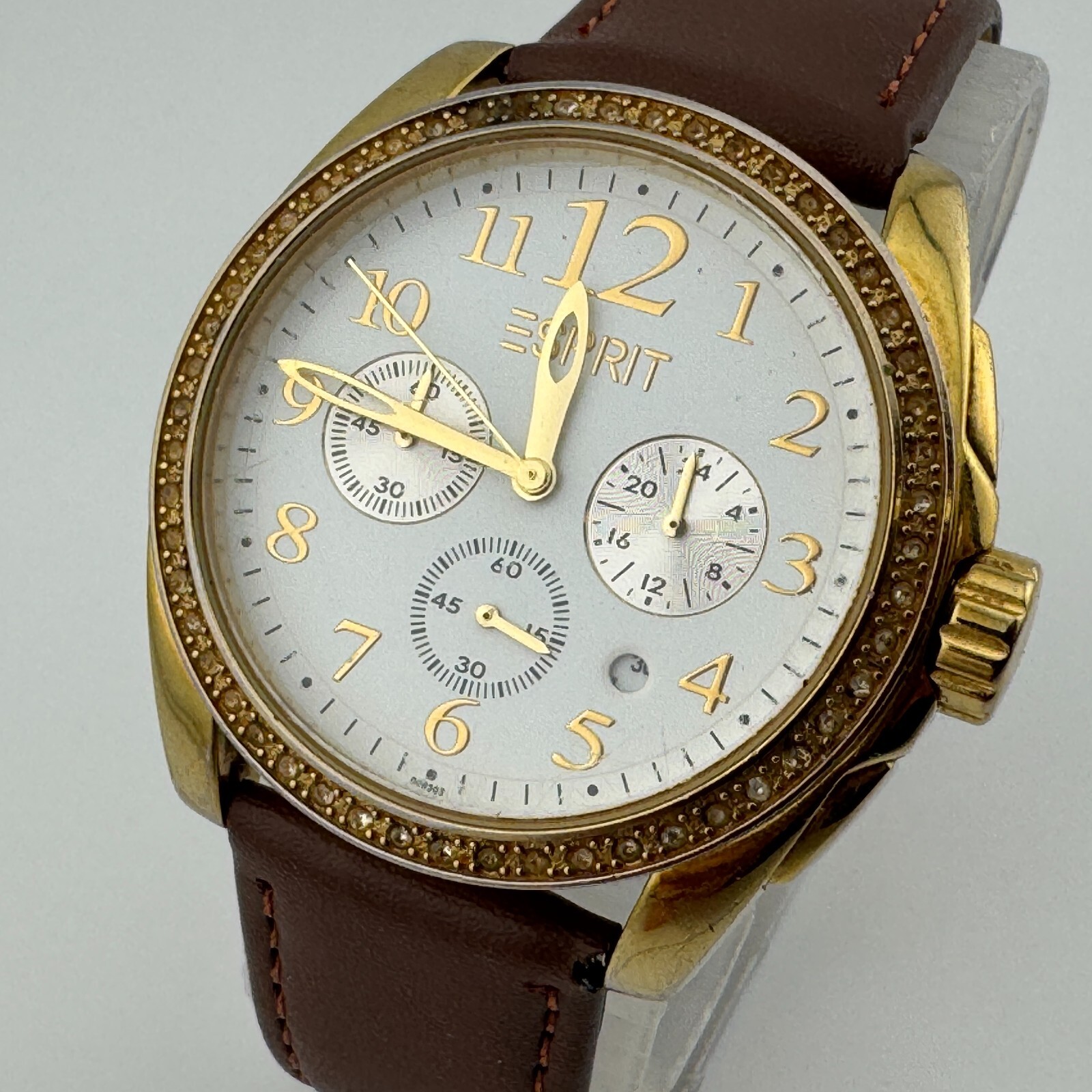 Esprit Quartz Watch 100632 Unisex Gold Tone Rhinestone Chronograph New Battery