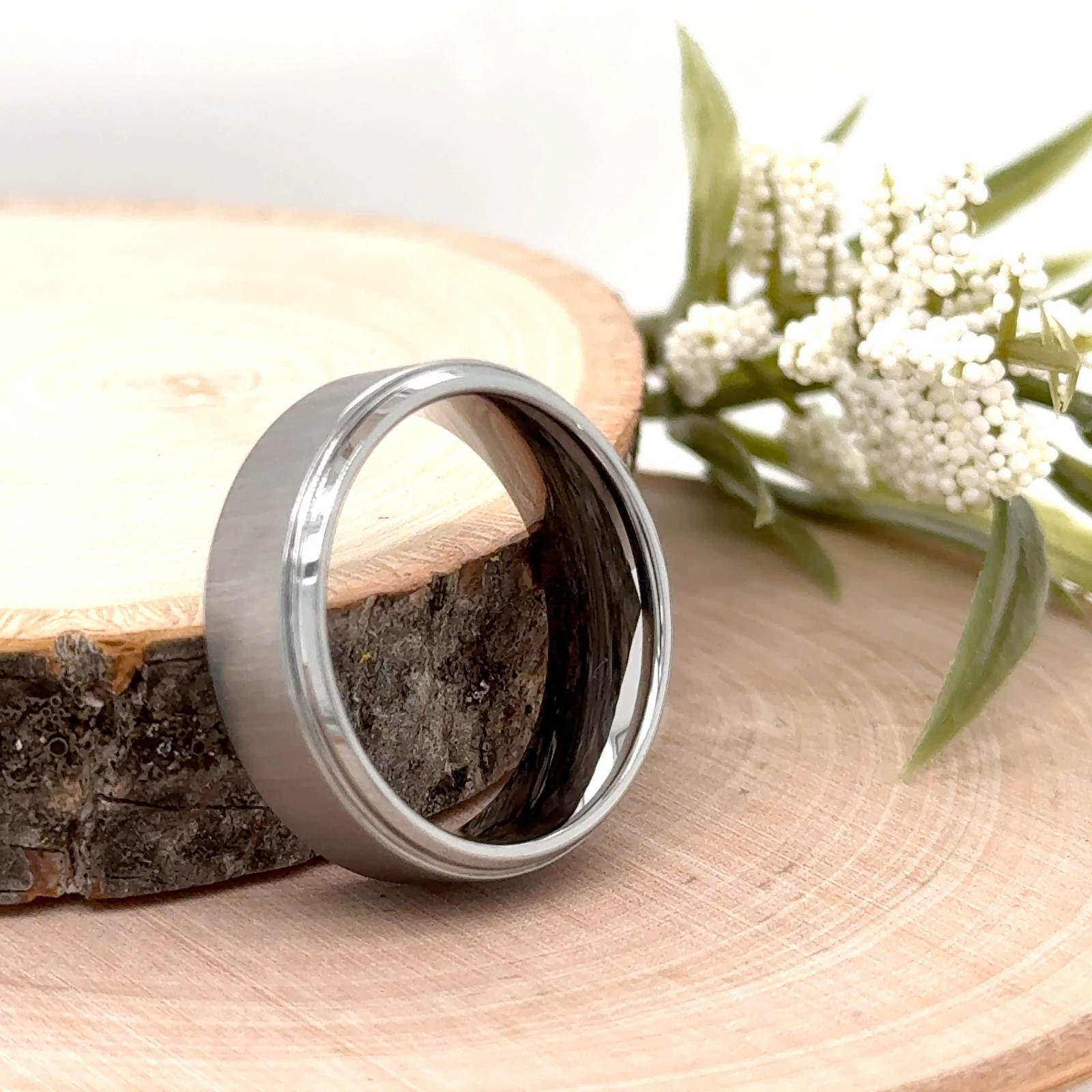 8mm Satin Brushed Tungsten Carbide Ring Polished Edges Unisex Free Engraved Band