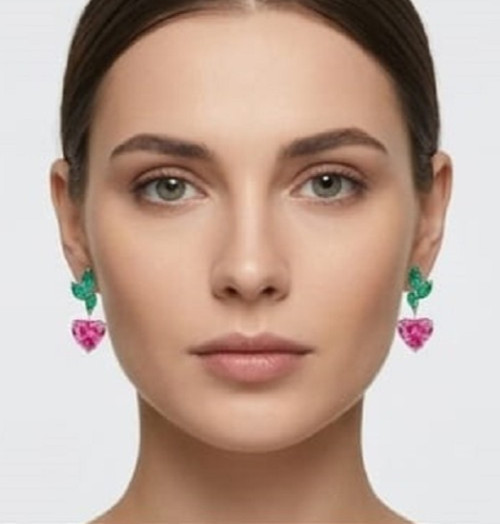 6ct Heart Simulated Pink Ruby/Emerald Drop Stud Earrings 14k White Gold Finish