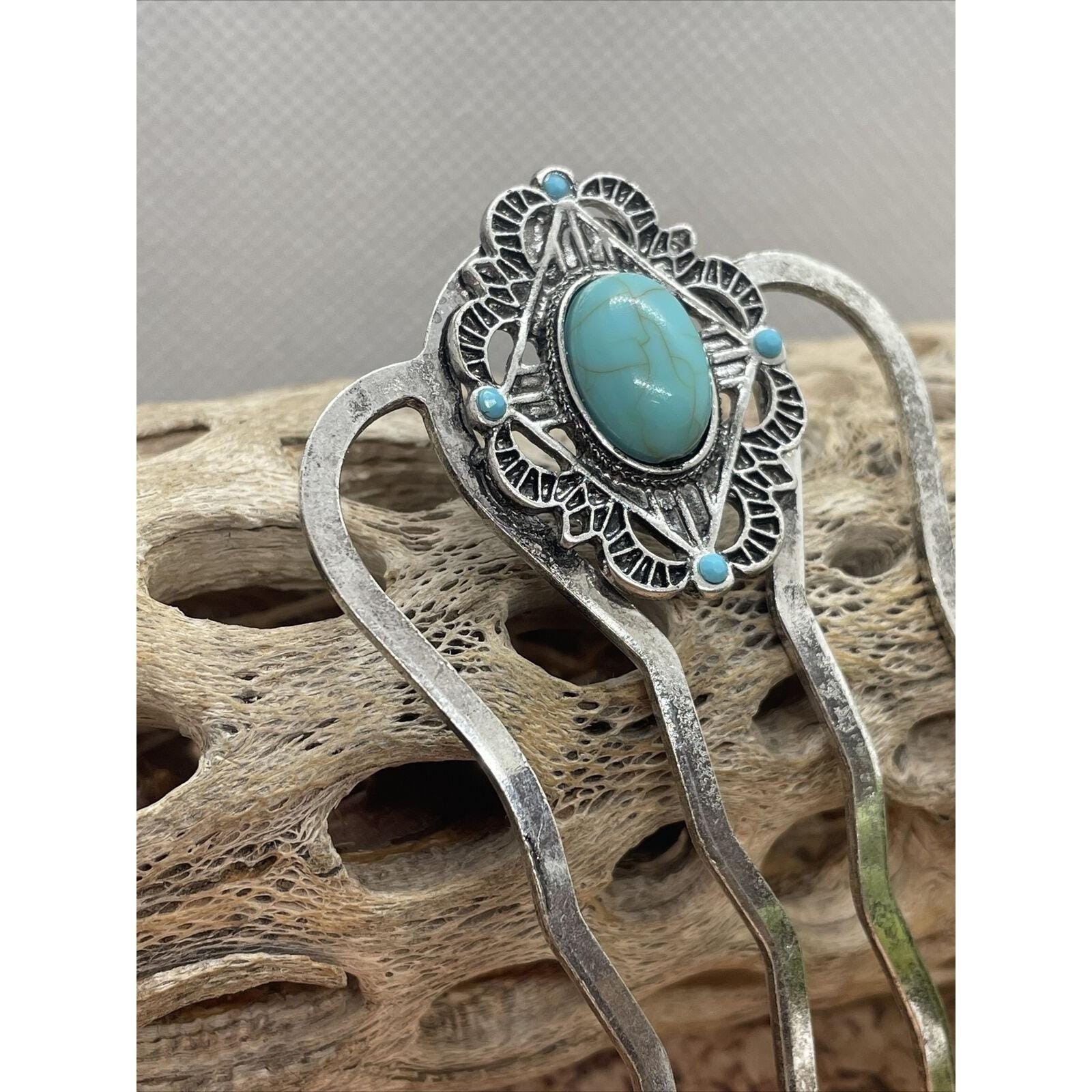 WESTERN Blue TURQUOISE HAIR Pin Clip Silver Southwest Comb Barrette Stone Large