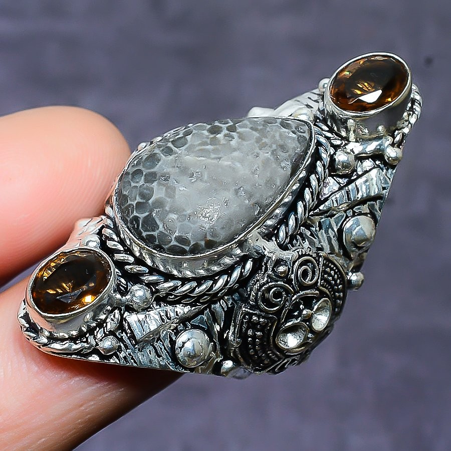 Stingrey Coral, Topaz Gemstone 925 Sterling Silver Jewelry Ring Size 8.5