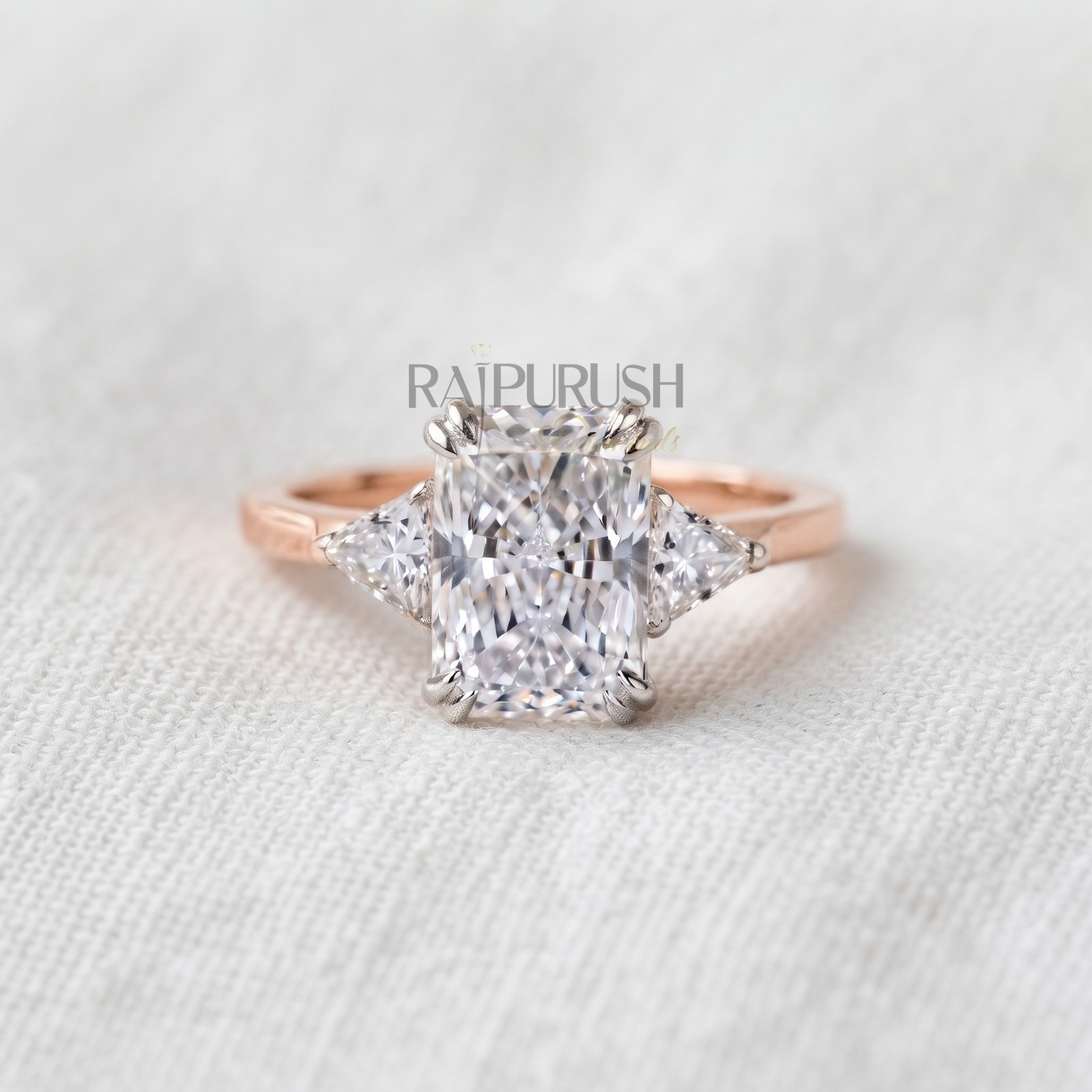 Radiant Cut Moissanite Engagement Ring Triangle Side Stone 925 Silver Ring Women