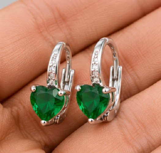 7ct Pear Simulated Green Emerald/Diamond Huggie Earrings 14k White Gold Plated