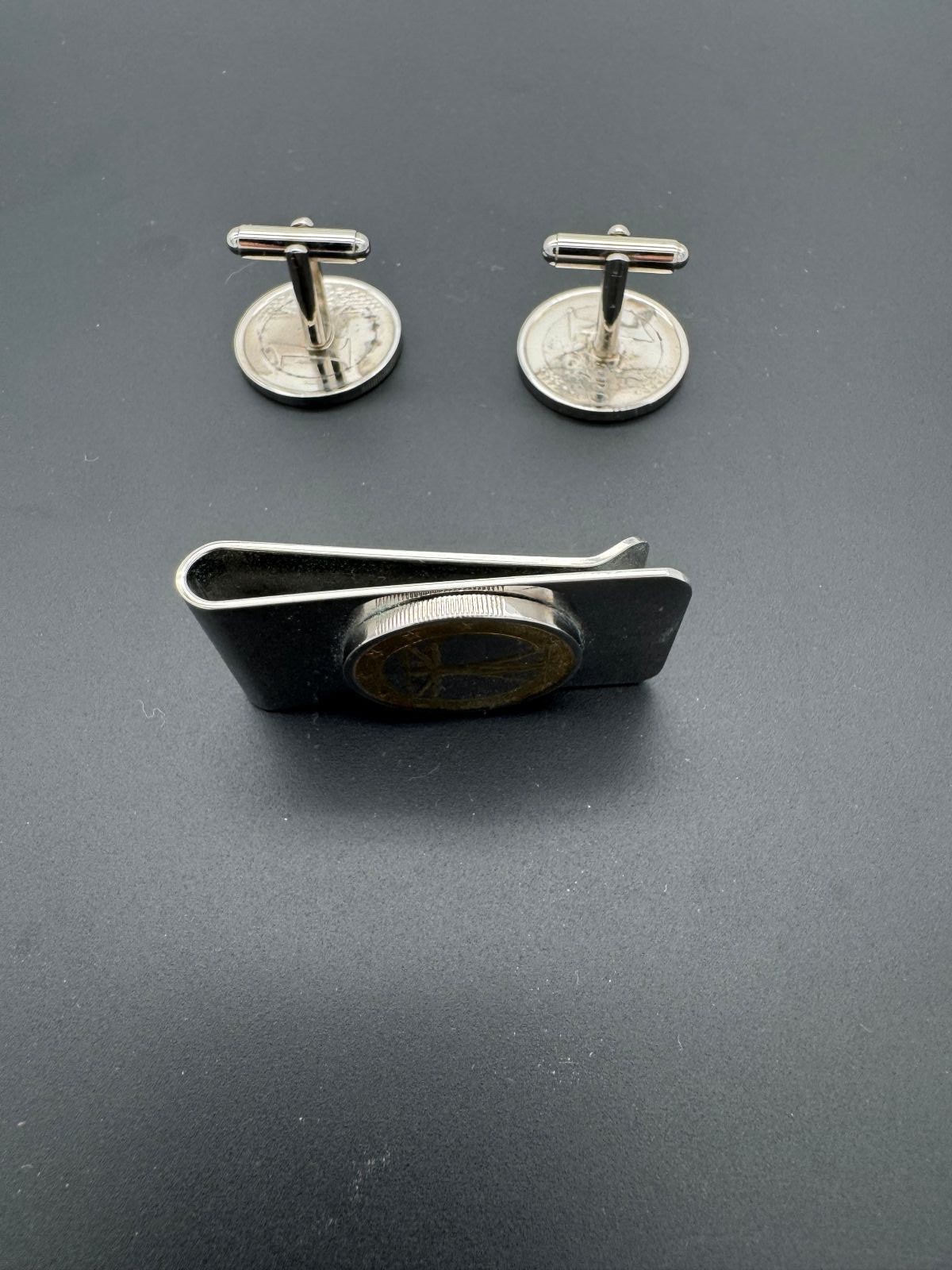Italian Cufflinks and Money Clip Set Davinci Vitruvian Man Gold and Silver coins