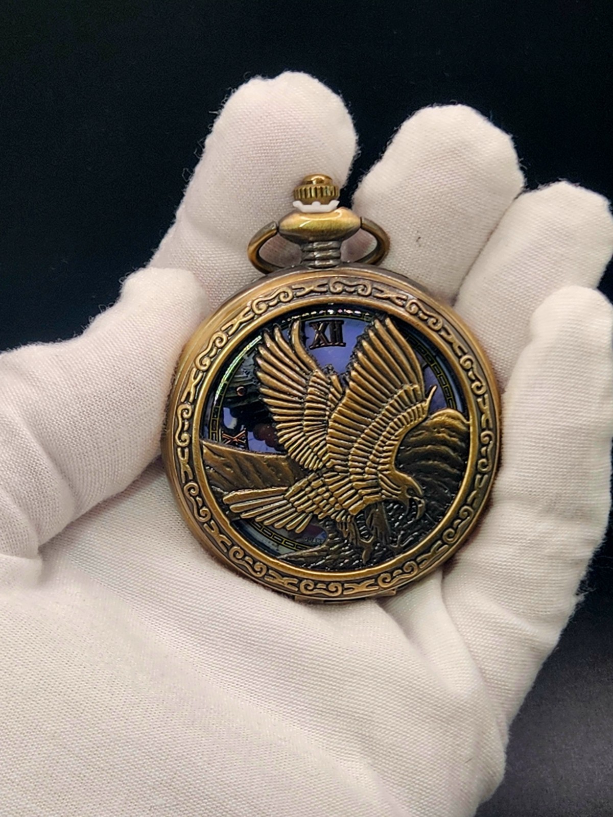American Bald Eagle Pocket Watch Flying Raptor Vintage Style Bronze Collectible