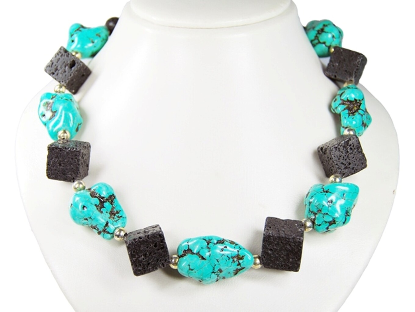 Beautiful turquoise (howlite) and lava cube shaped necklace and nuggets