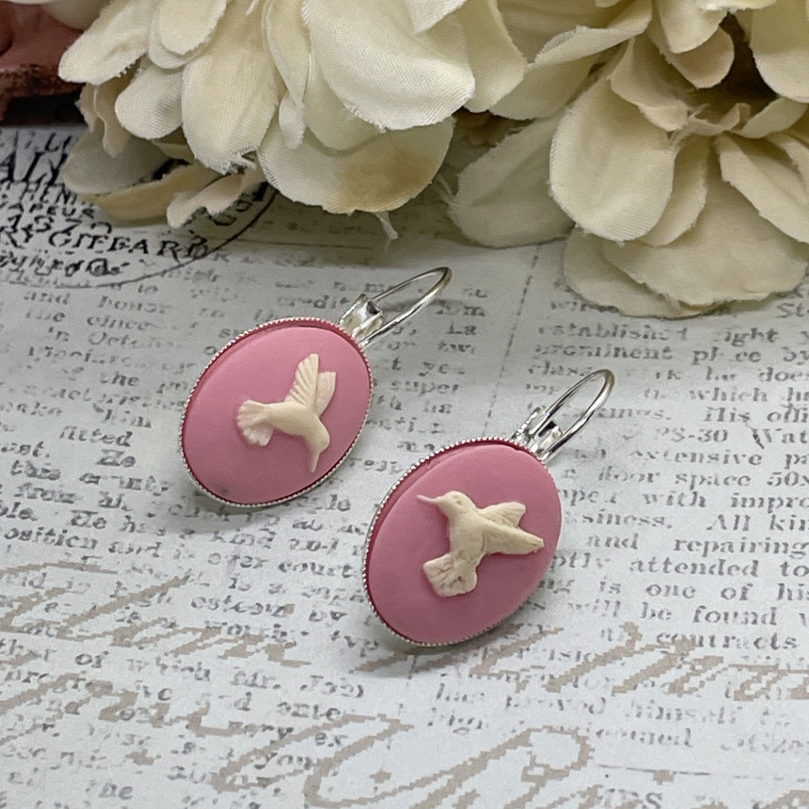 Pink White Hummingbird Silver Boutique French Wire Cameo Earrings Wedding Mom