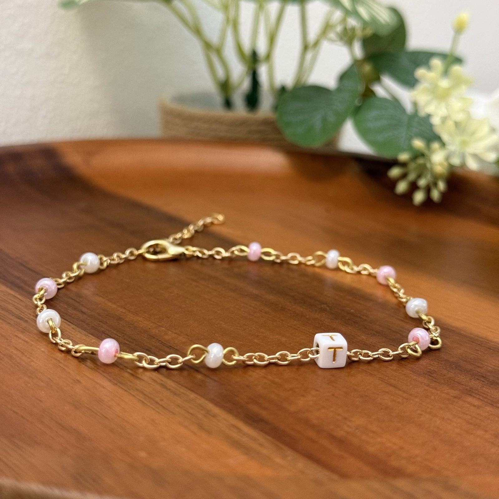 Personalized Beaded Anklet Custom Initial Pastel Dainty Handmade Jewelry