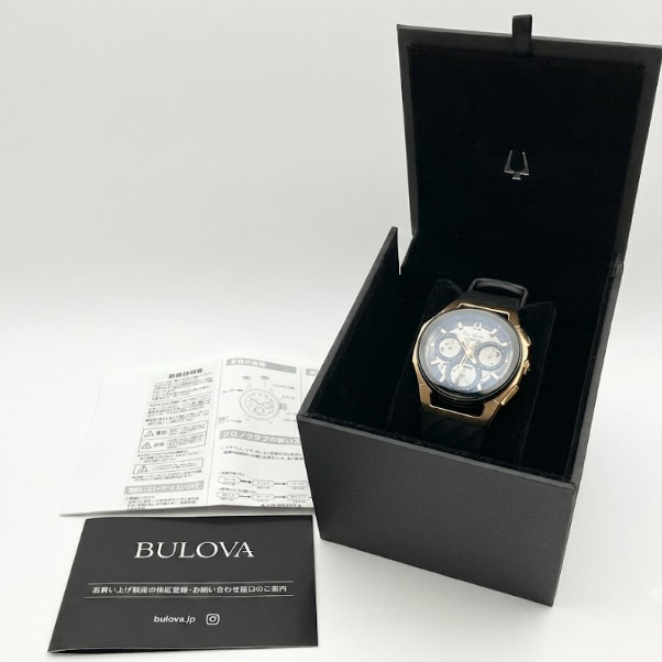 Bulova 98A185 CURV Chronograph Rose Gold Tone Mens Watch Black Rubber Strap Box