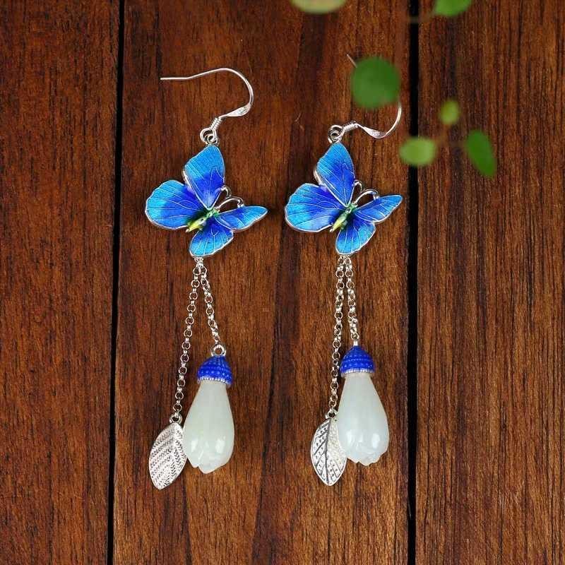 New Enamel Dangle Earrings Lotus Flower Jade Butterfly Drop Chinese