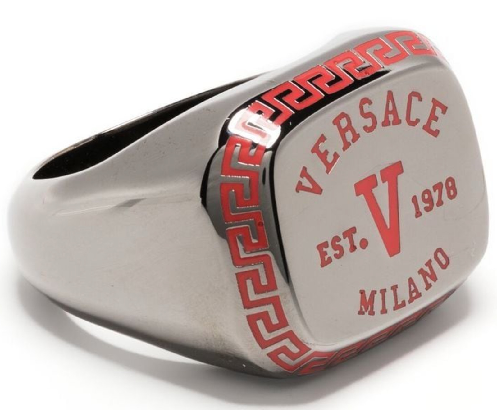 NIB Versace Varsity Red V Greek Key Logo Ruthenium Signet Ring Sz 17 US 8 $495