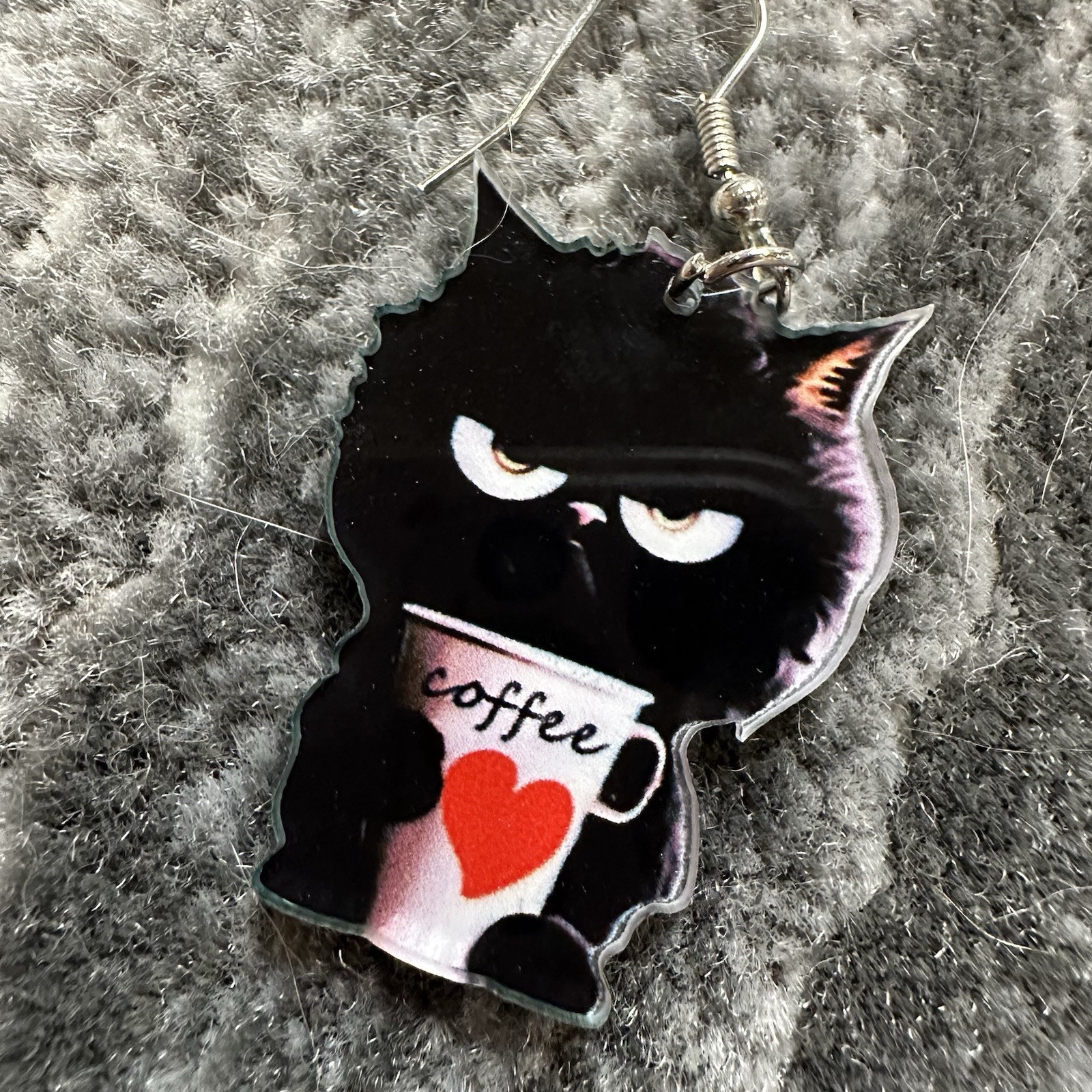 Black Cat Earrings Dangle Angry Kitten Coffee Cup Acrylic Mad Kitty Cat Lady New