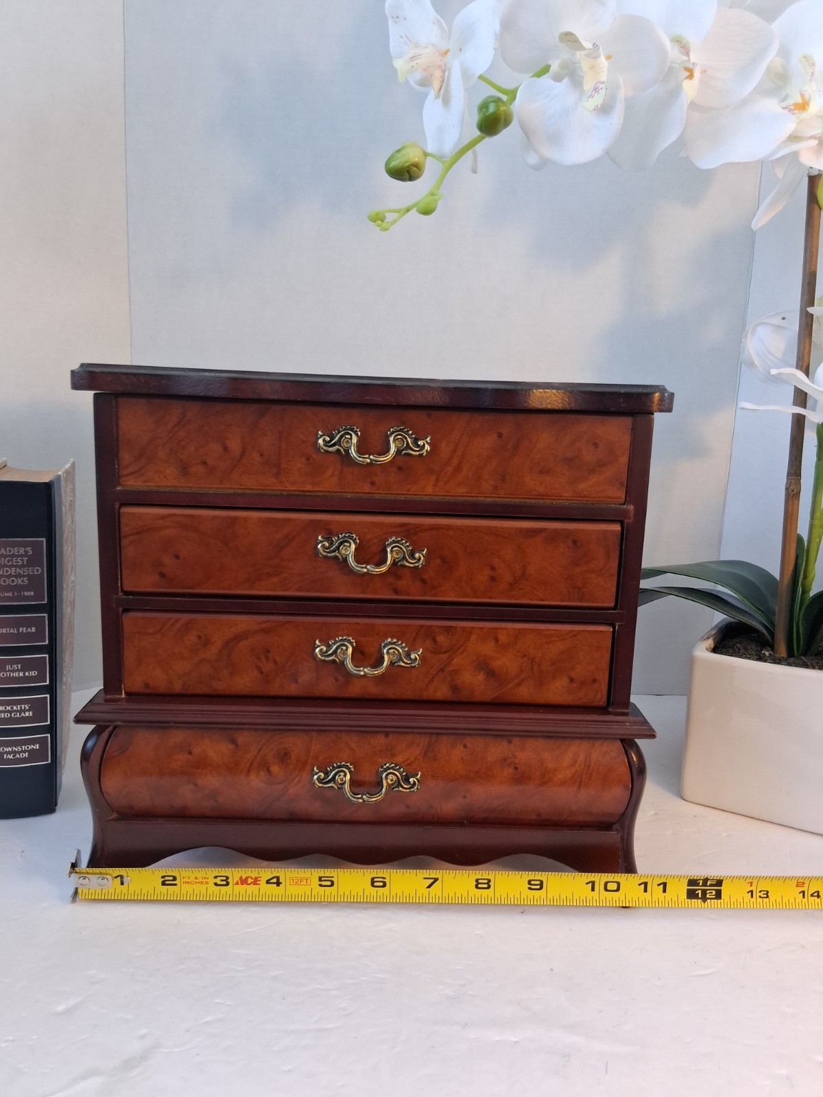 VTG ’90s “Powell” Wood Jewelry Bombe Chest; 4 Drawer Bombe Cabinet Burled Wood