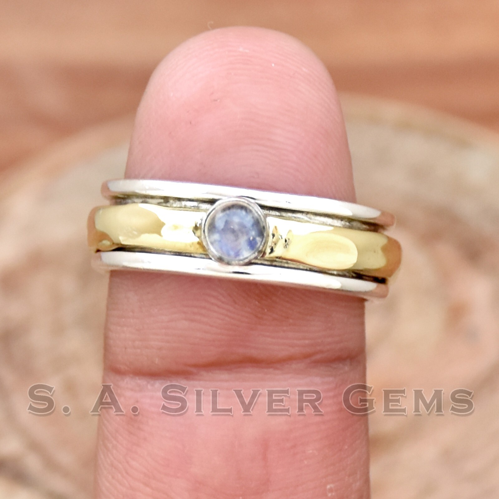 Moonstone Ring, 925 Sterling Silver Spinner Ring, Women Ring, Two Tone Ring.