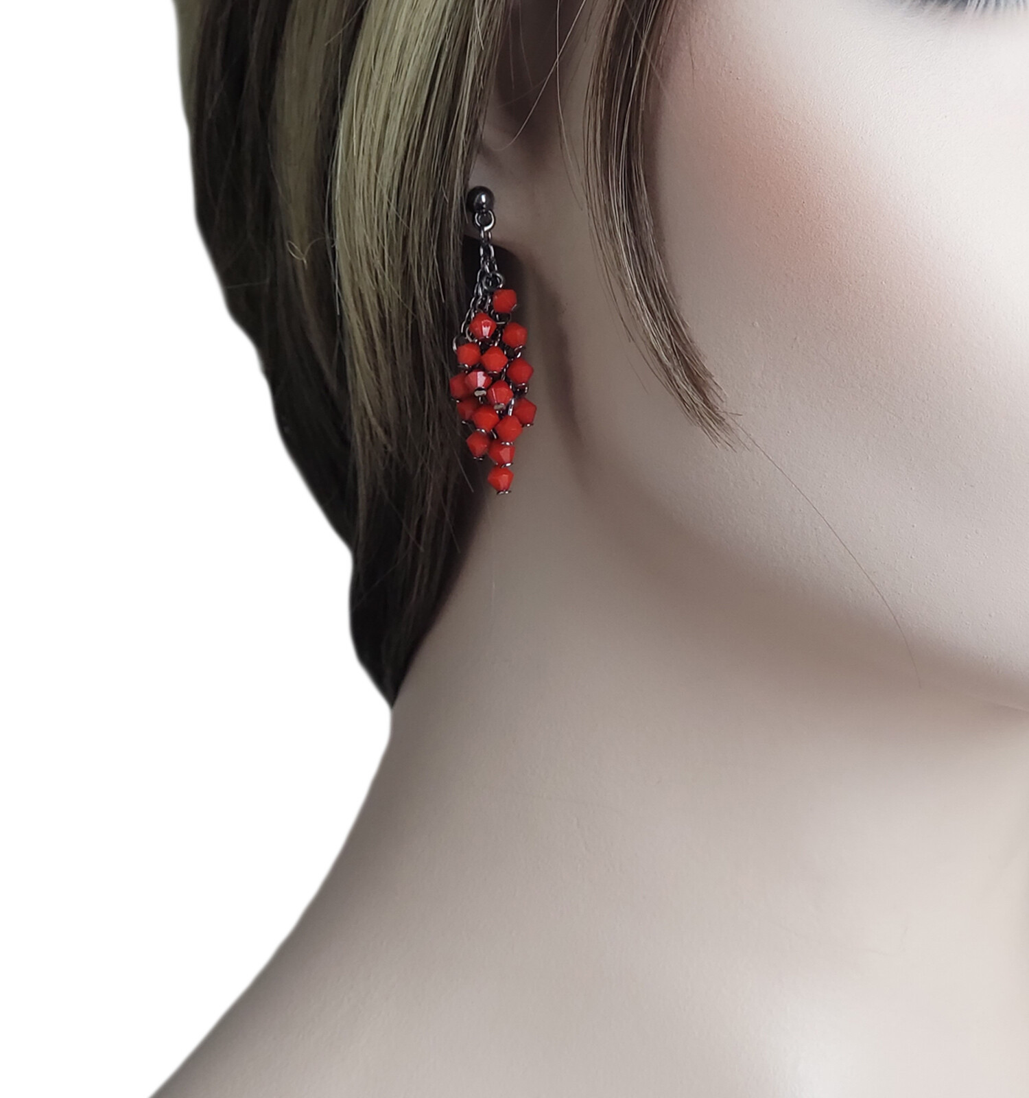 Red Fringe Beaded Dangle Pierced Earring 1/2″ + Bracelet 7- 9″ Adjustable Set