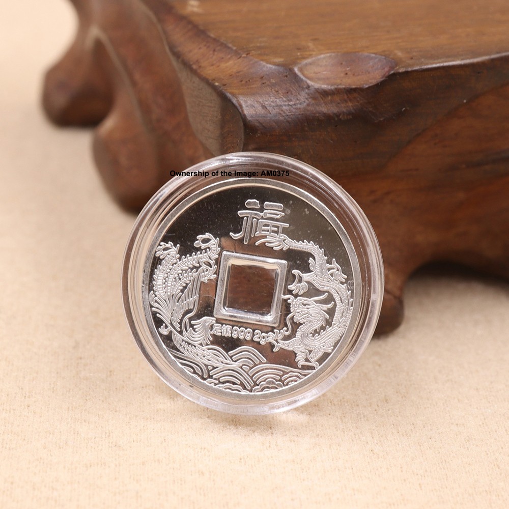 1PCS Pure 999 Fine Silver Dragon Phoenix Pattern Silver Collection 2g
