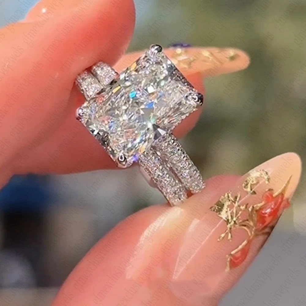 3.00 CT Radiant Cut Moissanite Ring Set Engagement and Wedding Band 925 Silver
